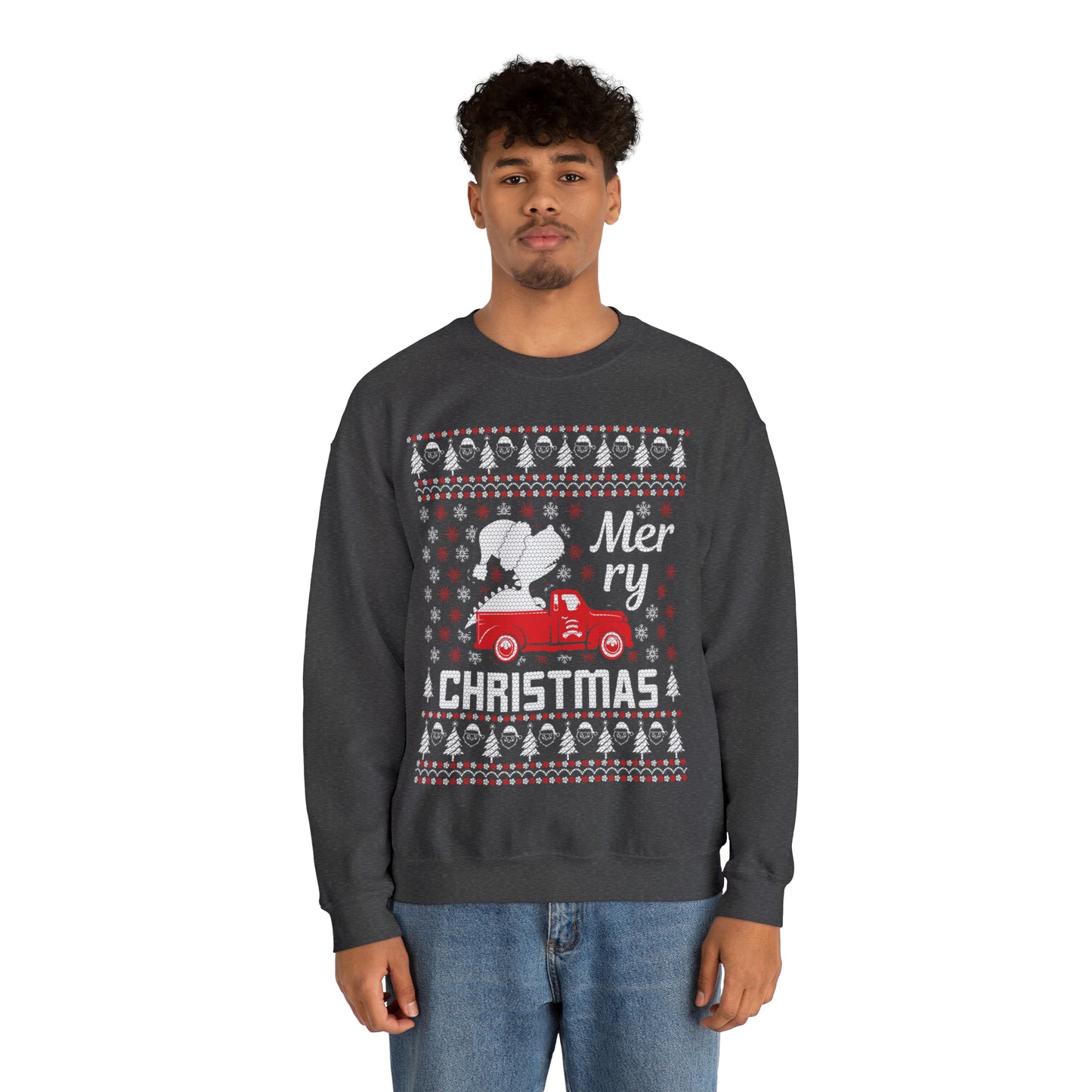 Dinosaur in Red Truck Merry Christmas Ugly Sweater Sweatshirt