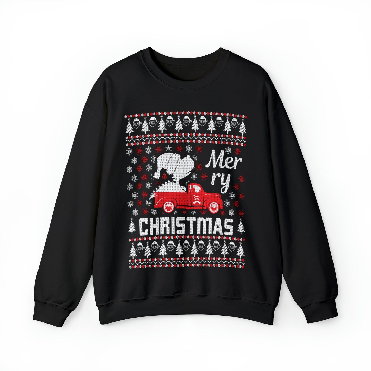 Dinosaur in Red Truck Merry Christmas Ugly Sweater Sweatshirt