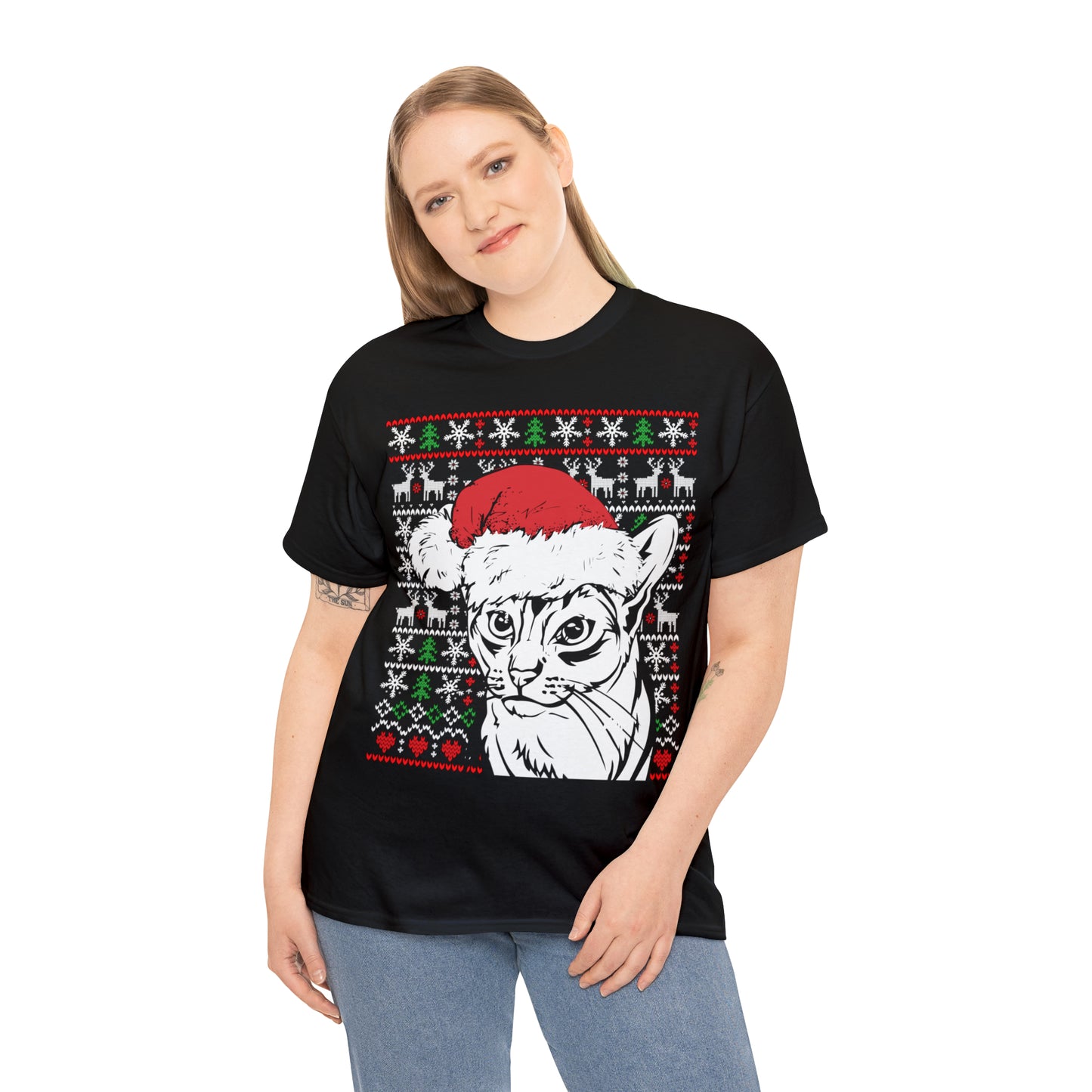 Cat in Santa Hat Christmas Ugly Sweater Short Sleeve Tee