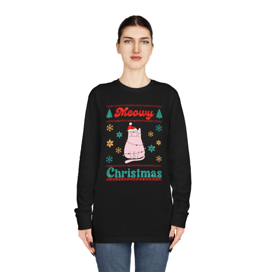 Meowy Christmas Cat In Christmas Lights Ugly Sweater Long Sleeve Tee
