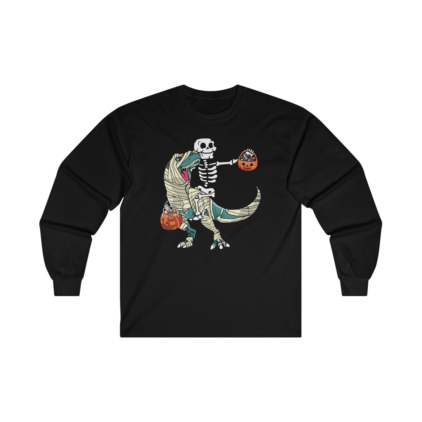 Skeleton Riding Mummy Dinosaur Halloween Long Sleeve T-shirt