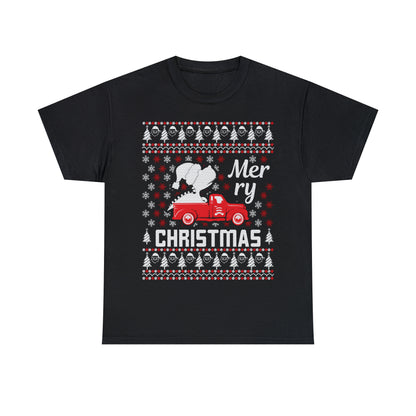 Dinosaur in Red Truck Merry Christmas Ugly Sweater Short Sleeve Tee