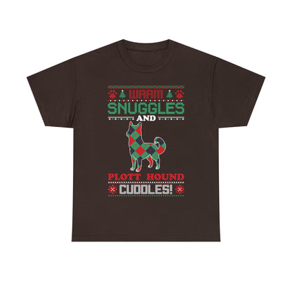 Warm Snuggles and Plott Hound Cuddles Christmas Ugly Sweater Short Sleeve Tee