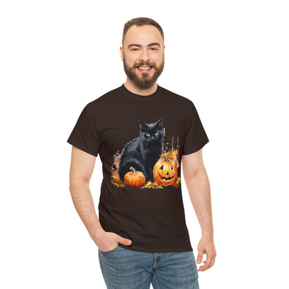 Black Cat with Pumpkin Halloween Short Sleeve Tee