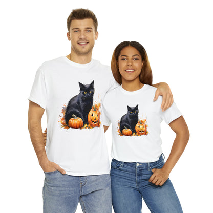 Black Cat with Pumpkin Halloween Short Sleeve Tee