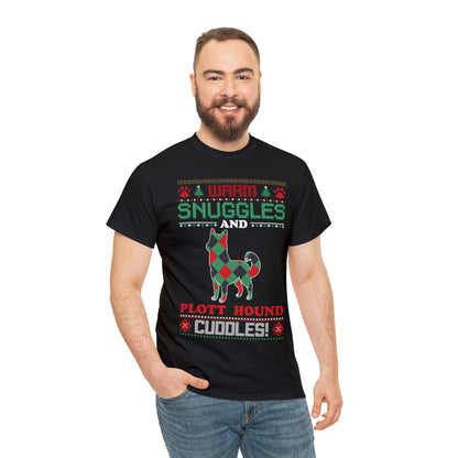 Warm Snuggles and Plott Hound Cuddles Christmas Ugly Sweater Short Sleeve Tee