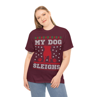 My Dog Sleighs Christmas Ugly Sweater Short Sleeve Tee