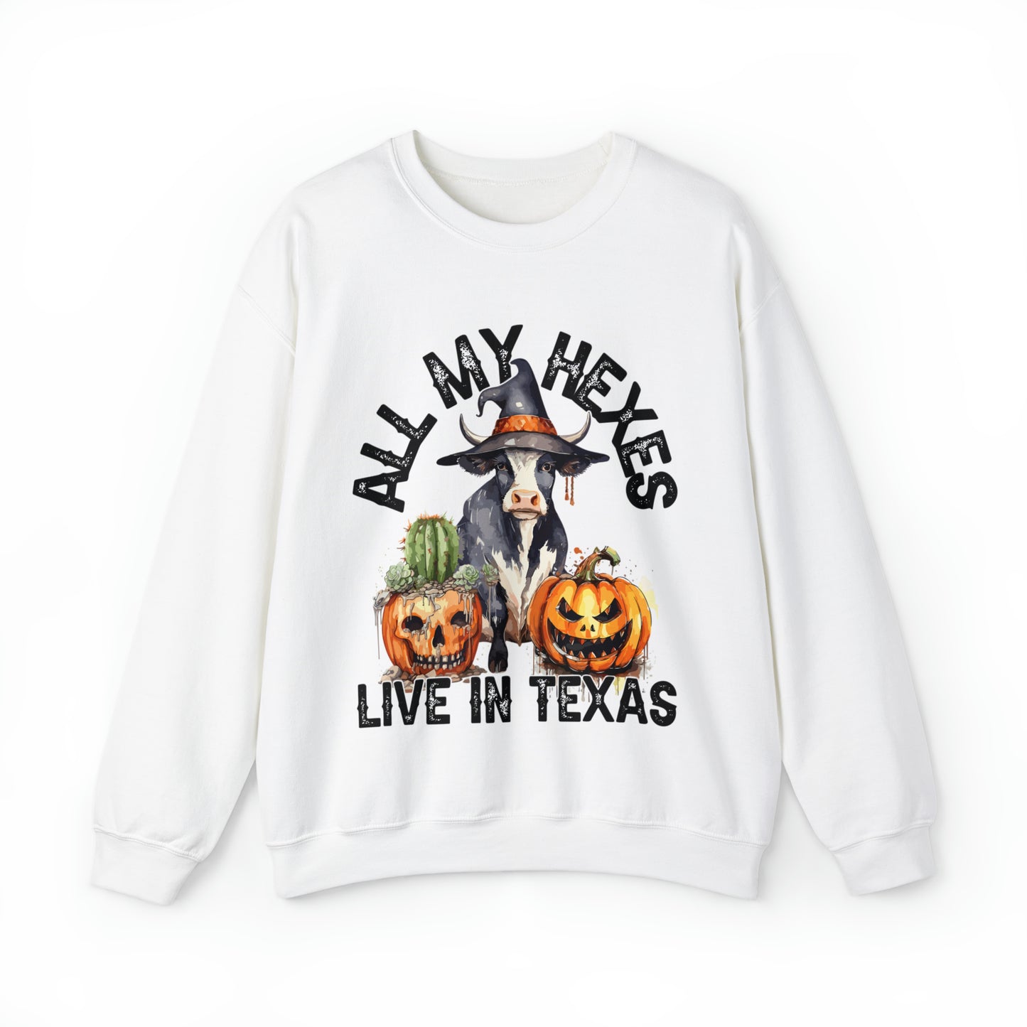 All My Hexes Live In Texas Cow With Pumpkins Halloween Sweatshirt