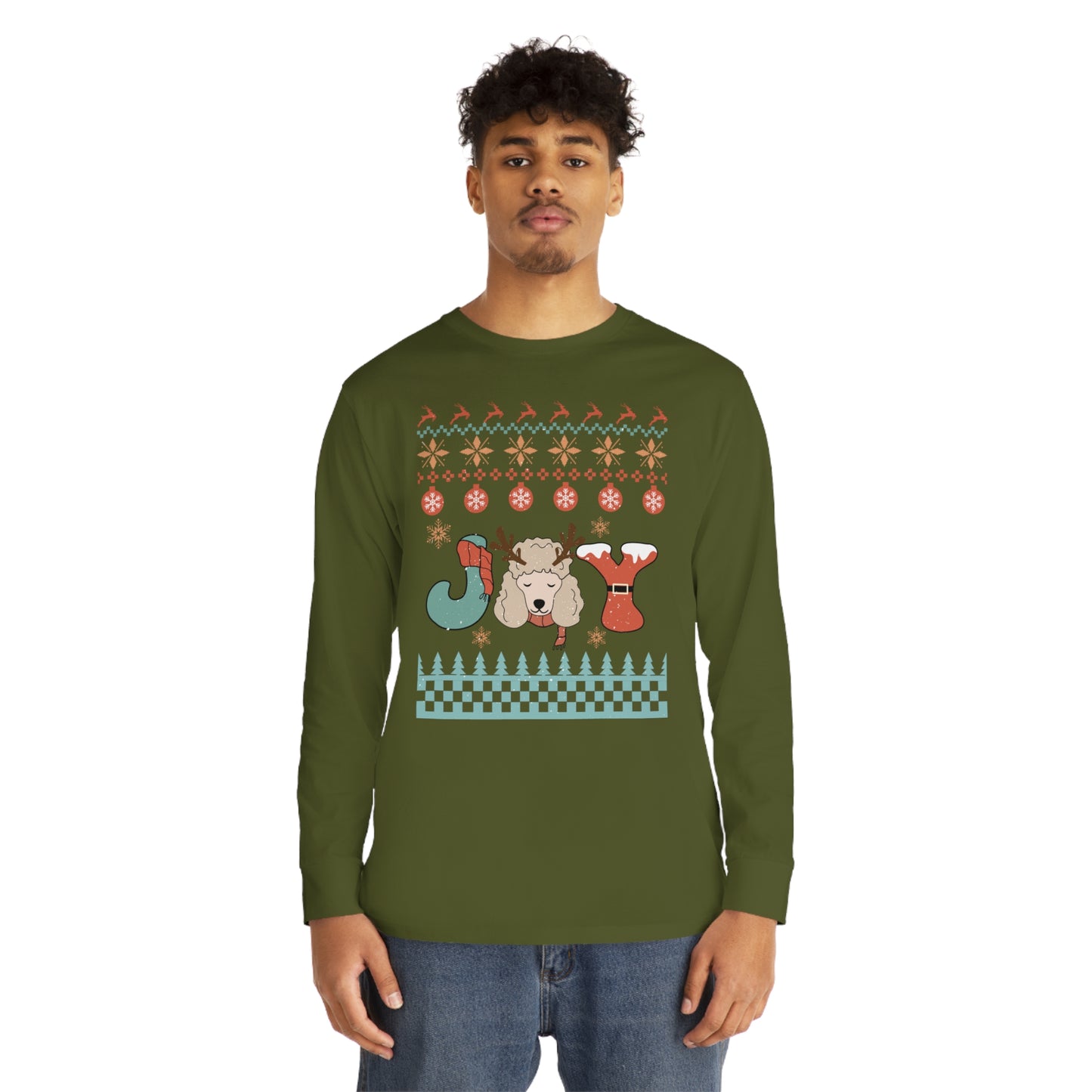 Joy Miniature Poodle Dog Christmas Ugly Sweater Long Sleeve Tee