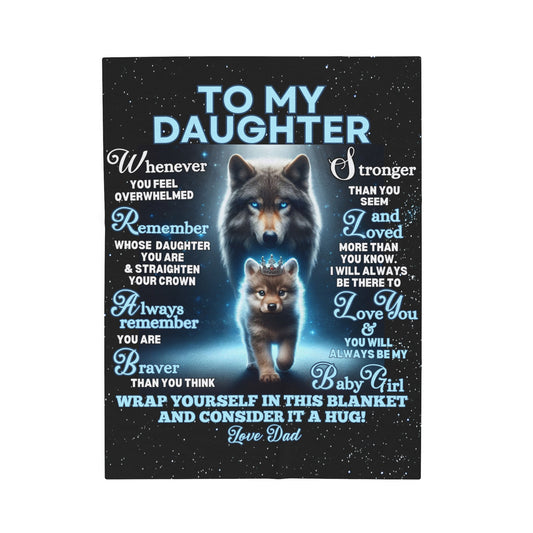 Wolf and Cub Velveteen Plush Blanket for Daughter with Crown and Heartwarming Message from Dad