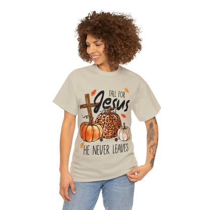 Fall For Jesus He Never Leaves Christian Halloween Short Sleeve Tee