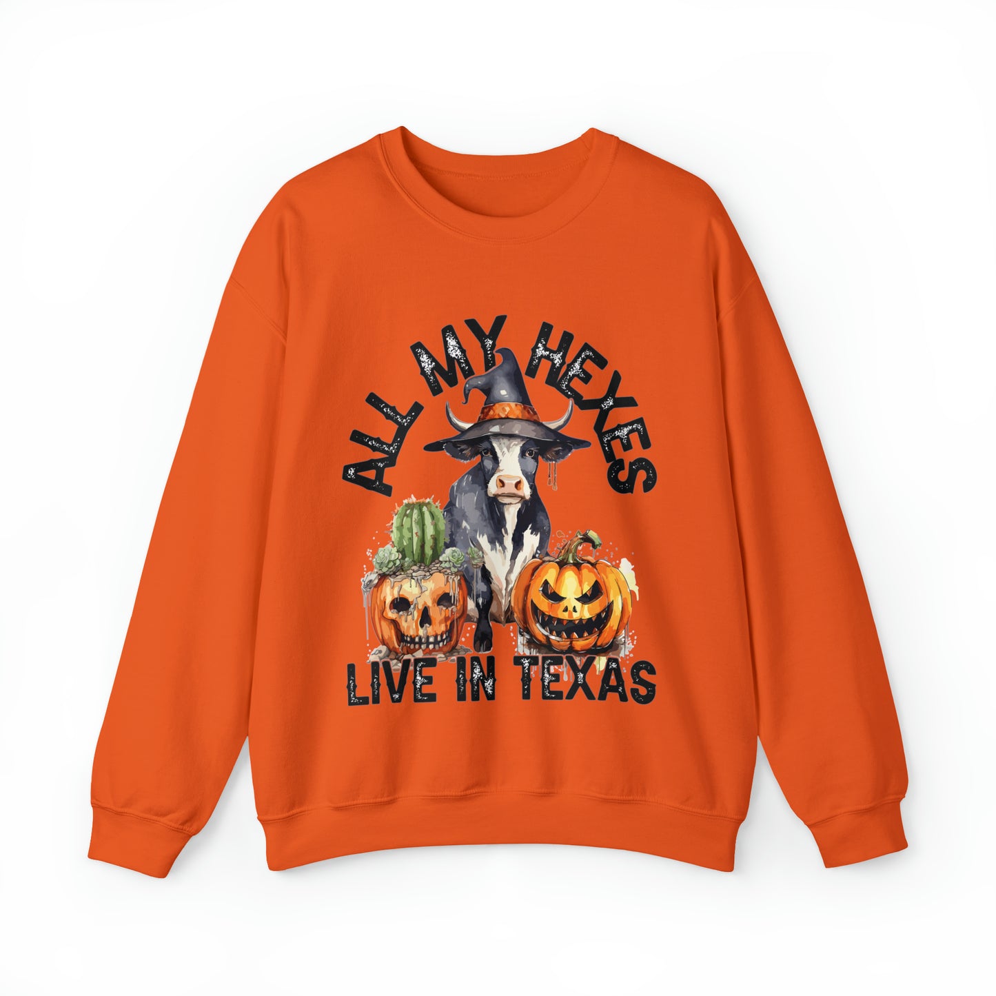 All My Hexes Live In Texas Cow With Pumpkins Halloween Sweatshirt