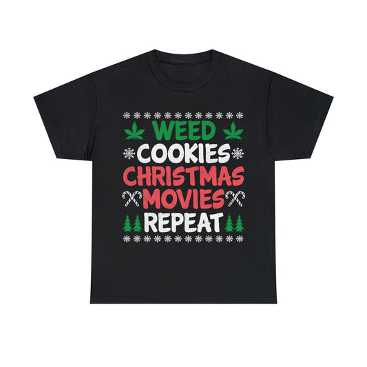 Weed Cookies Christmas Movies Repeat Christmas Ugly Sweater Short Sleeve Tee