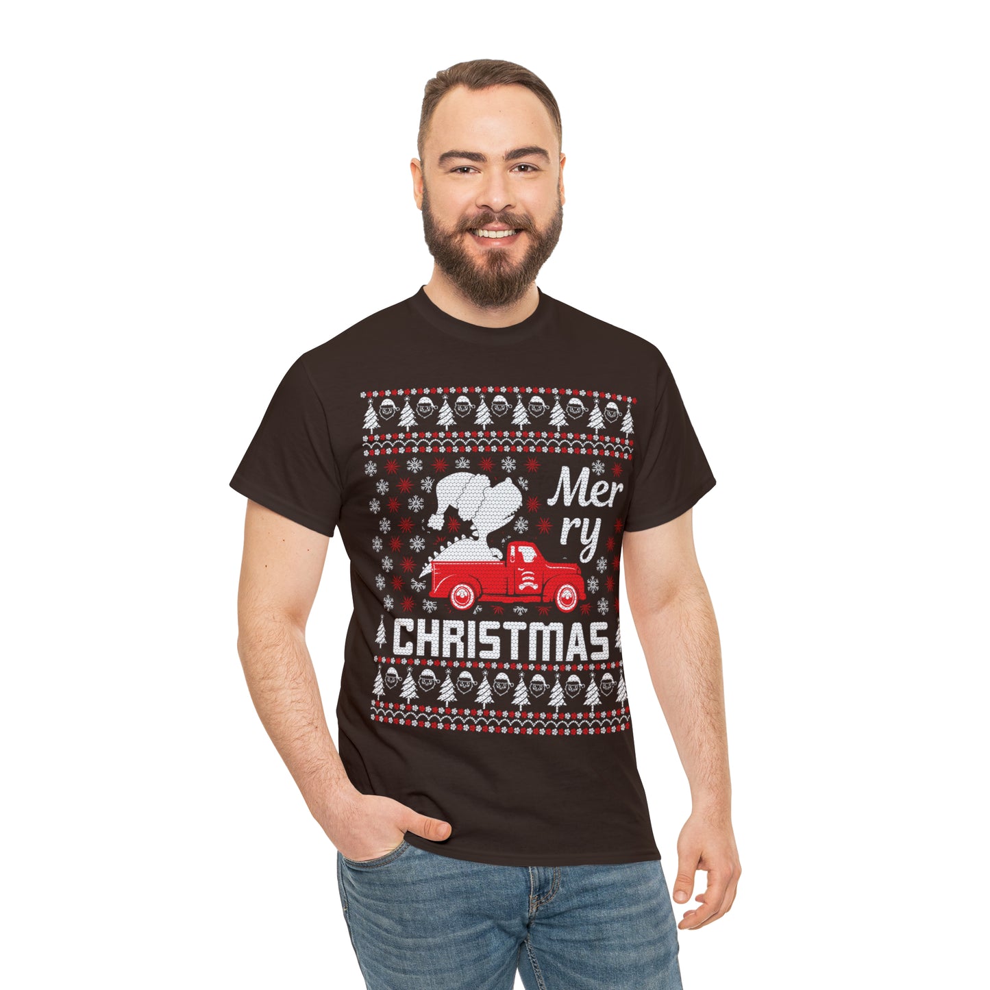 Dinosaur in Red Truck Merry Christmas Ugly Sweater Short Sleeve Tee