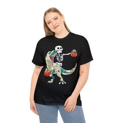 Skeleton Riding Mummy Dinosaur Halloween Short Sleeve Tee