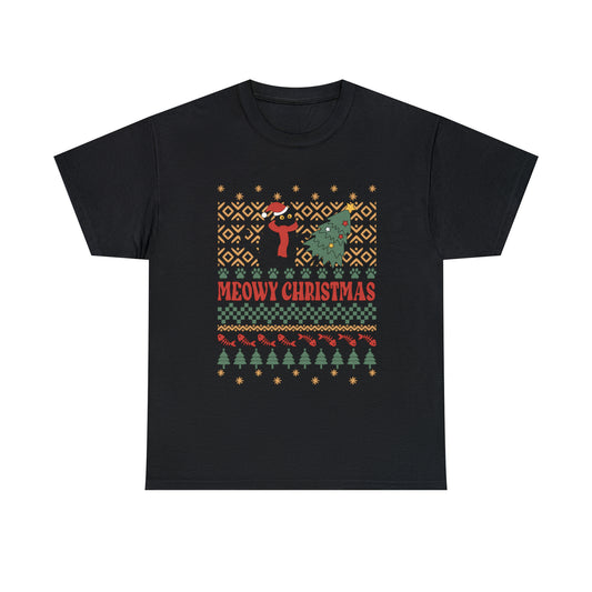 Meowy Christmas Cat Tipping Over Tree Ugly Sweater Short Sleeve Tee