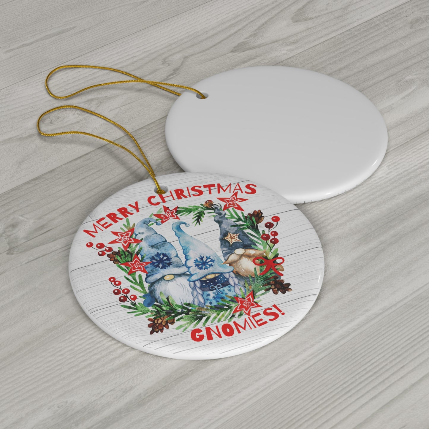 Merry Christmas Gnomies in Blue Christmas Ceramic Ornament