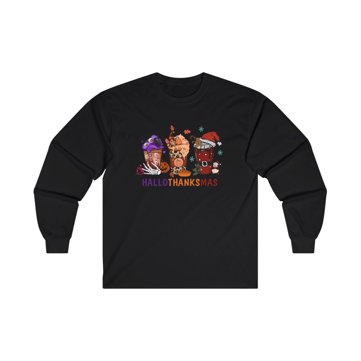 Hallothanksmas Coffee Halloween Thanksgiving Christmas Drink Long Sleeve T-Shirt