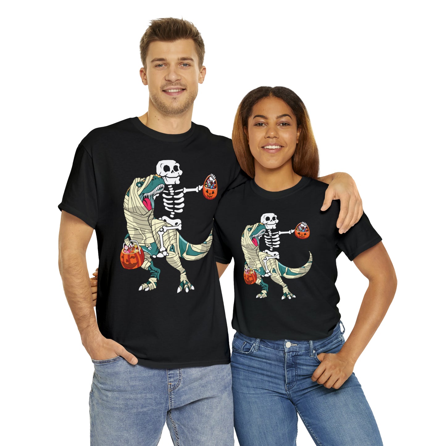 Skeleton Riding Mummy Dinosaur Halloween Short Sleeve Tee