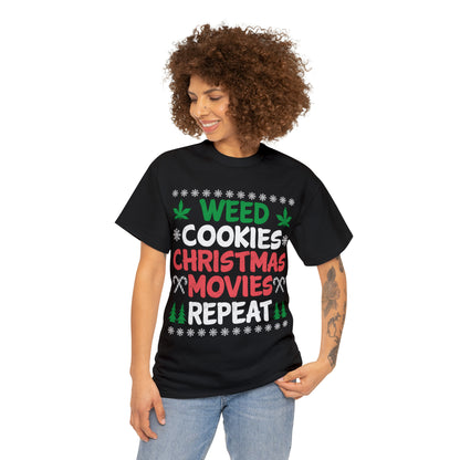 Weed Cookies Christmas Movies Repeat Christmas Ugly Sweater Short Sleeve Tee