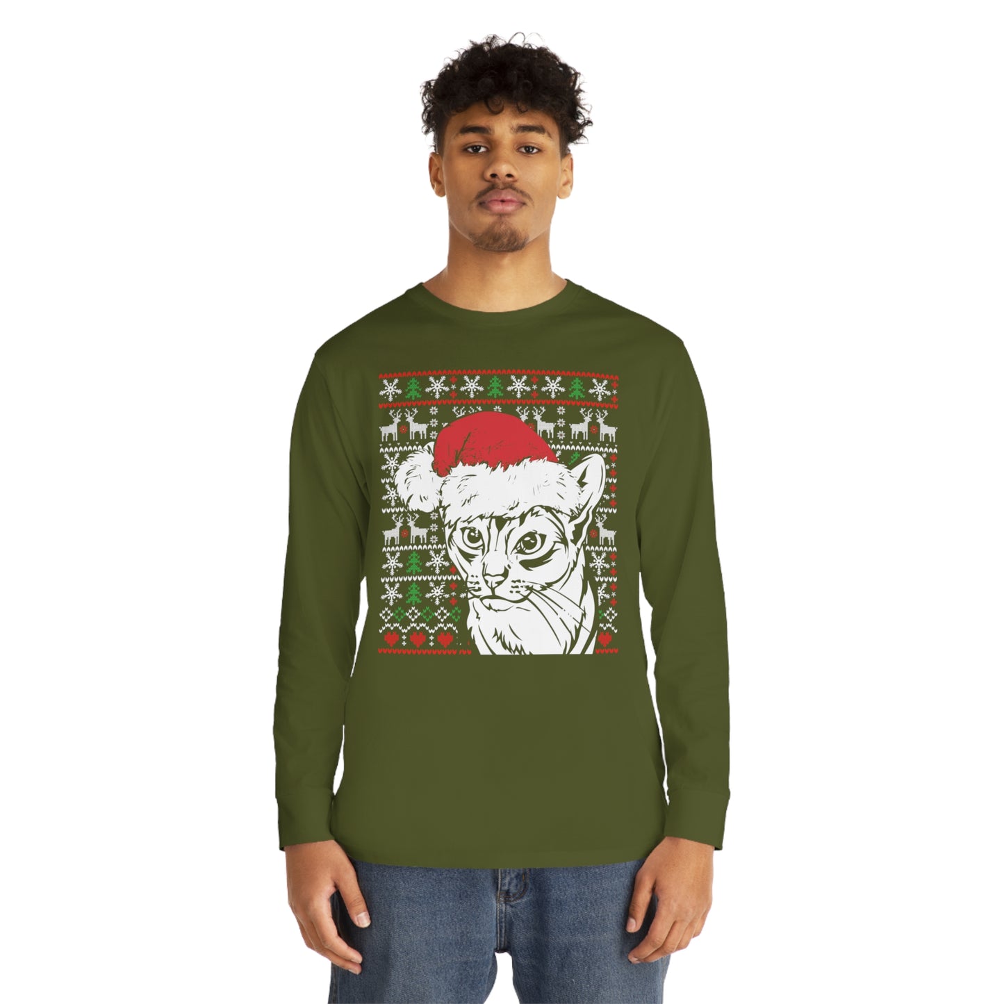 Cat in Santa Hat Christmas Ugly Sweater Long Sleeve T-shirt