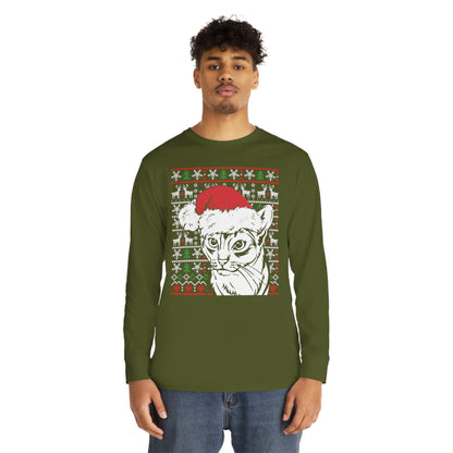 Cat in Santa Hat Christmas Ugly Sweater Long Sleeve T-shirt