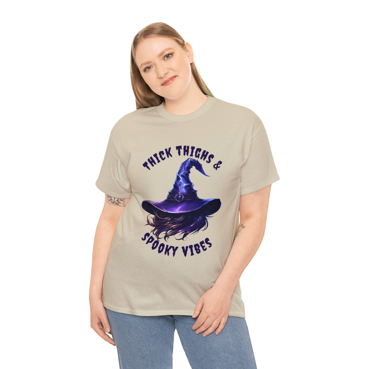 Thick Thighs And Spooky Vibes Witch Hat Halloween Short Sleeve Tee