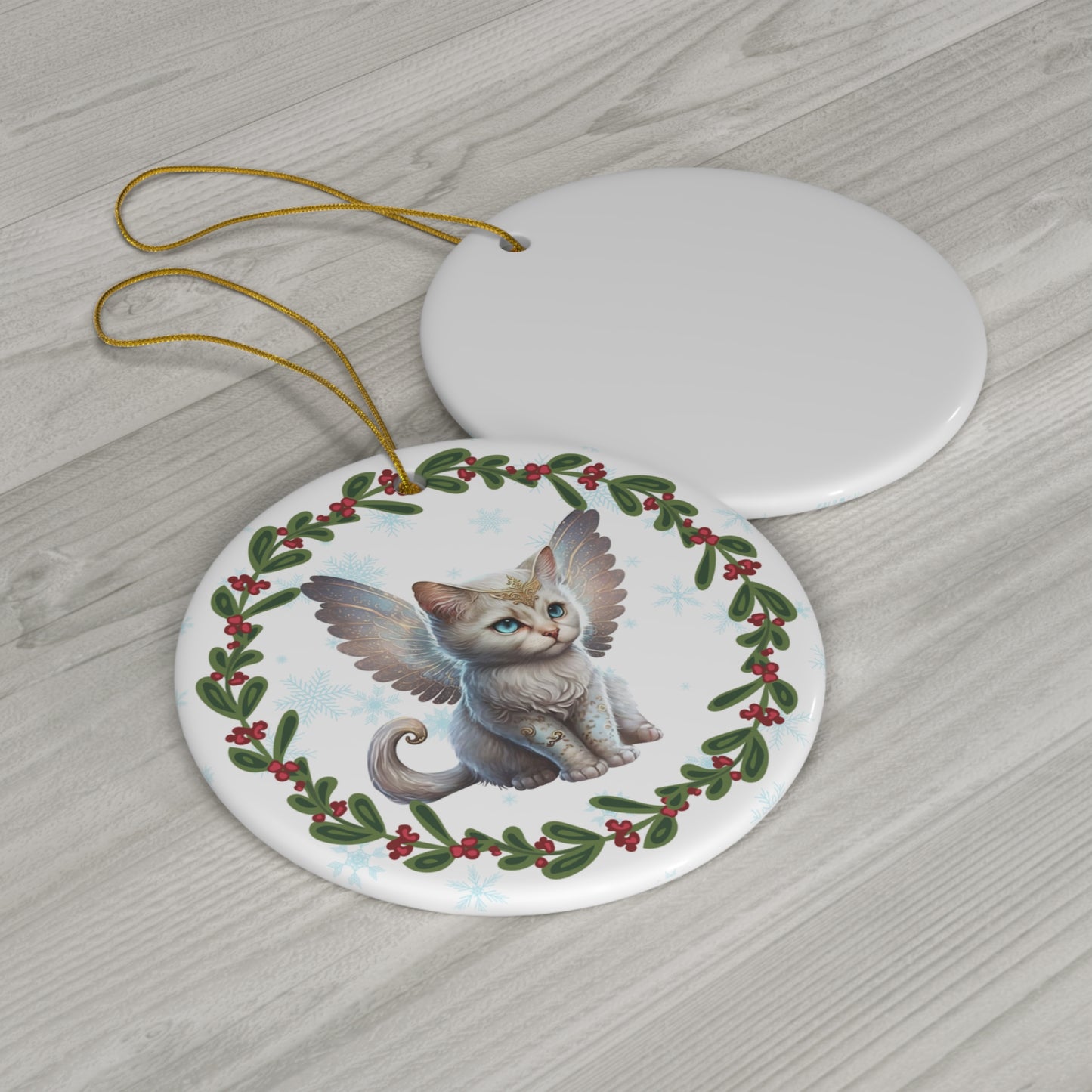 White Cat with Wings Design 1 Christmas Ceramic Ornament