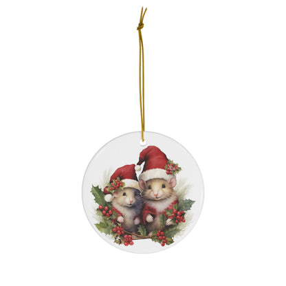 Two Mice in Santa Outfits Christmas Ceramic Ornament