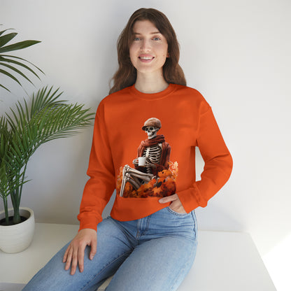Skeleton in Fedora Sitting With Fall Leaves Halloween Sweatshirt