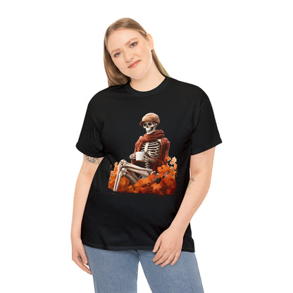 Skeleton in Fedora Sitting With Fall Leaves Halloween Short Sleeve Tee