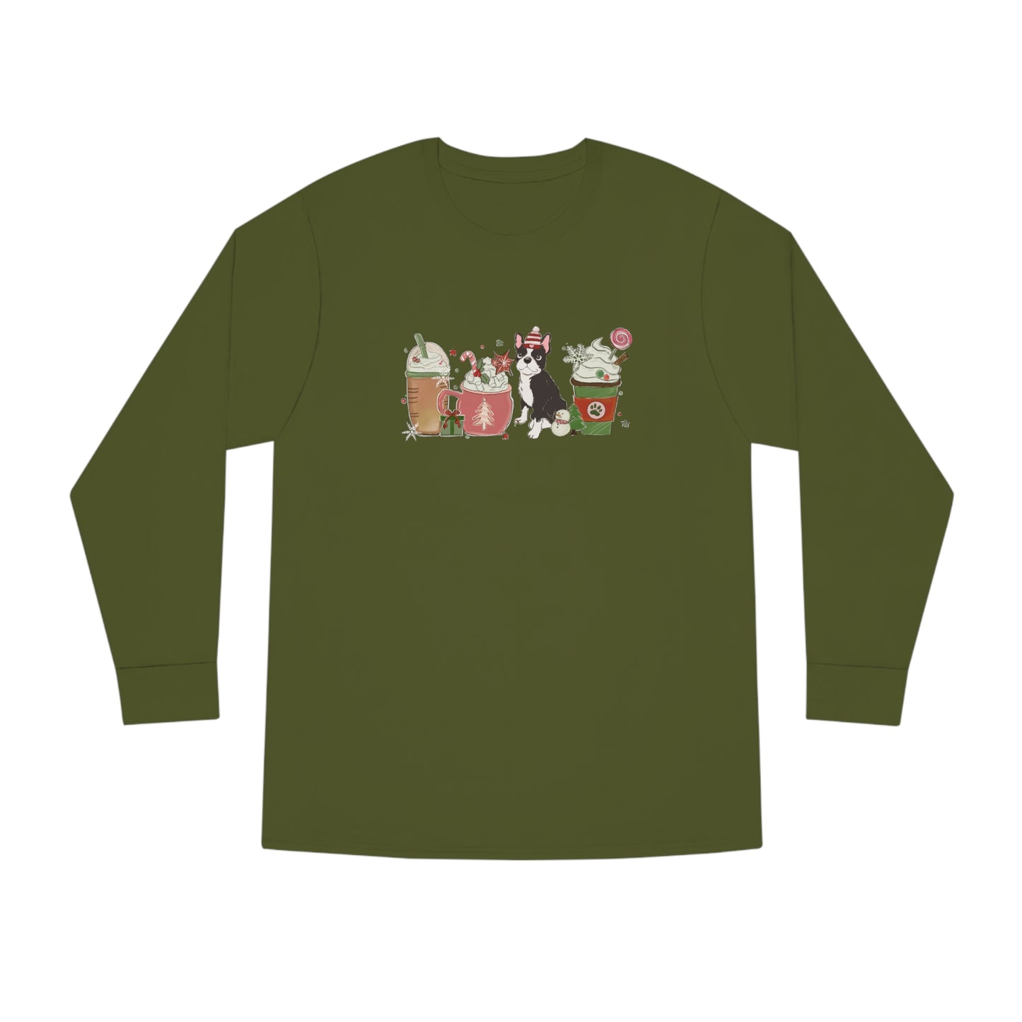 Boston Terrier Dog Latte Christmas Long Sleeve Tee