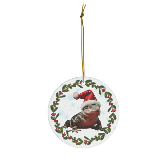 Tegu in Santa Hat Christmas Ceramic Ornament