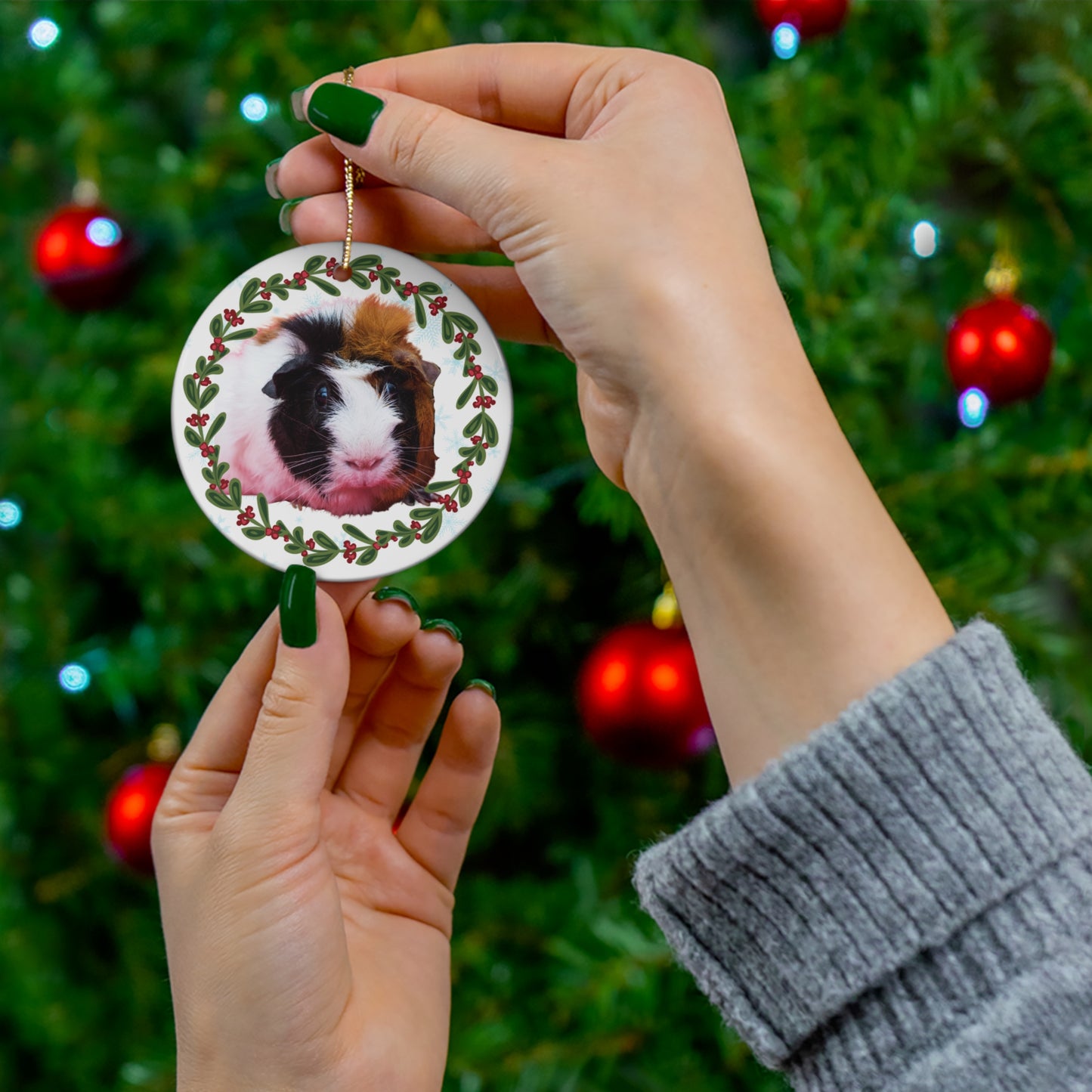 Abyssinian guinea pig Tri Color Christmas Ceramic Ornament