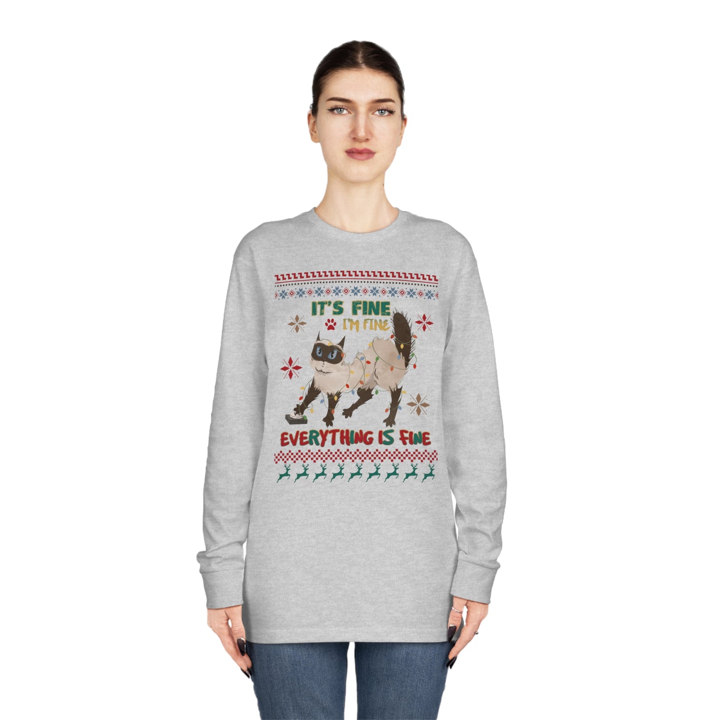 It's Fine I'm Fine Everything is Fine Cat in Lights Christmas Ugly Sweater Long Sleeve T-shirt