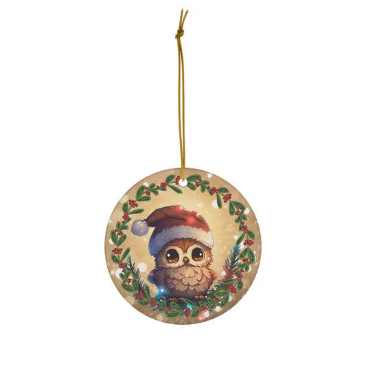 Owl in Santa Hat Christmas Ceramic Ornament