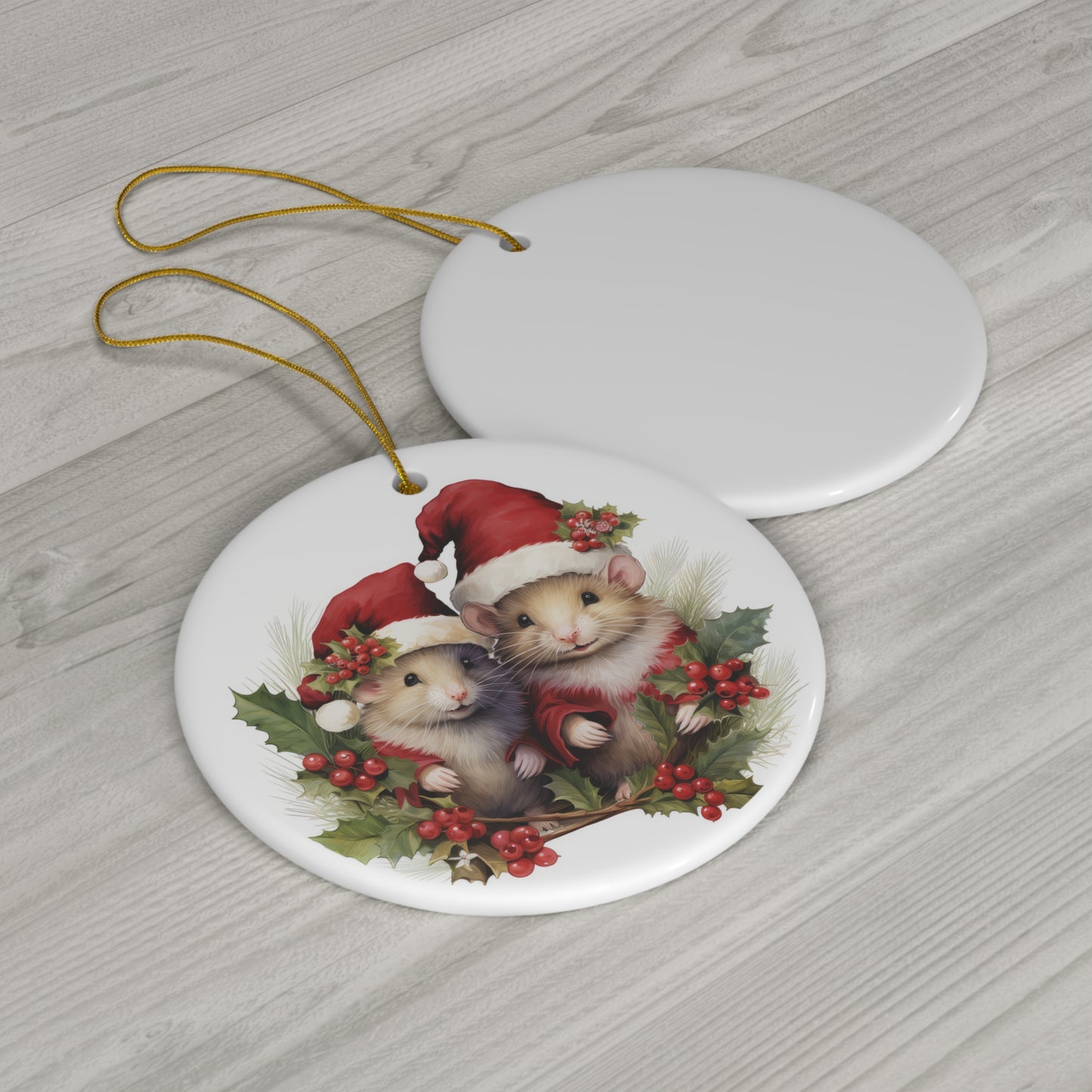 Two Mice in Santa Outfits Christmas Ceramic Ornament