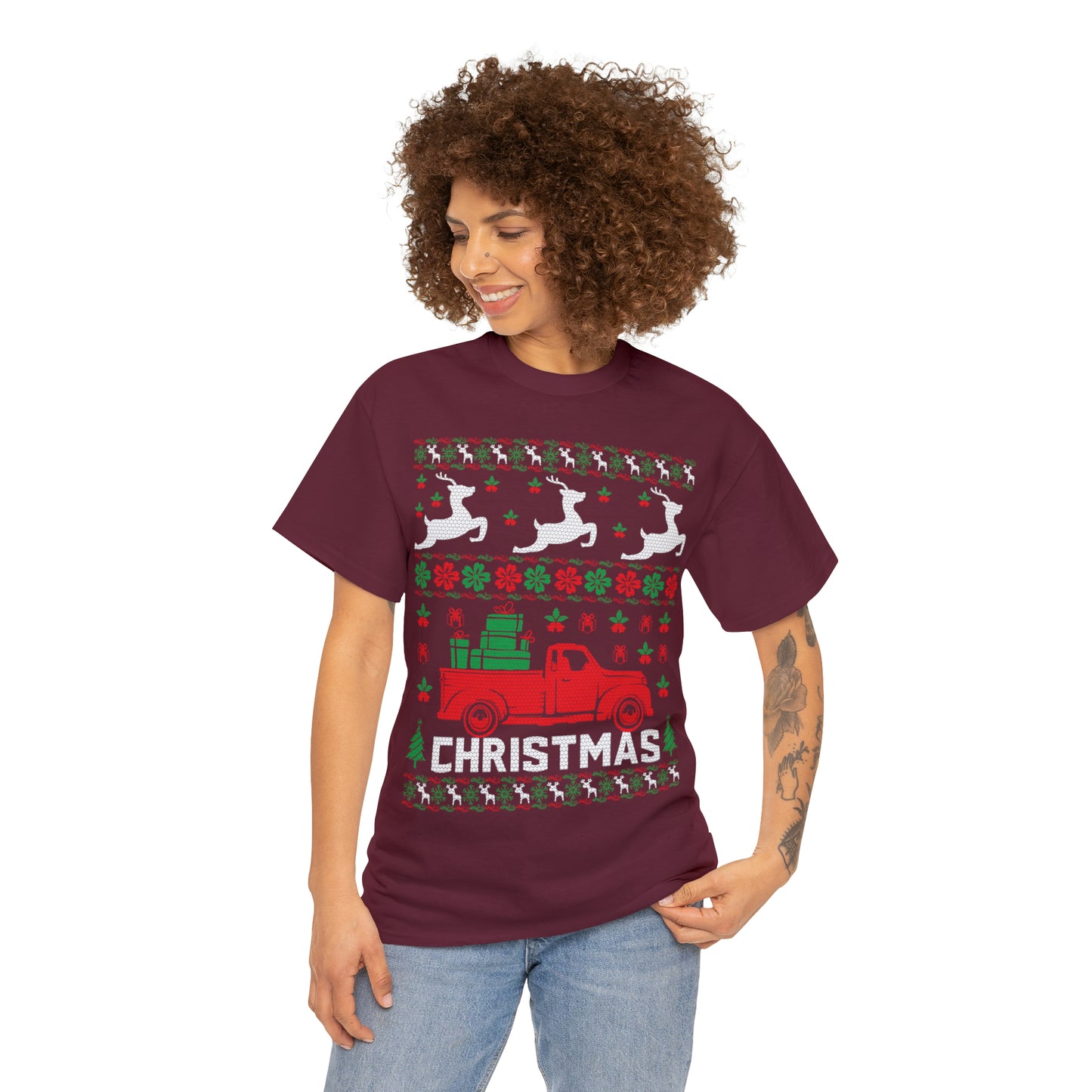 Red Merry Christmas Truck Ugly Sweater Short Sleeve Tee