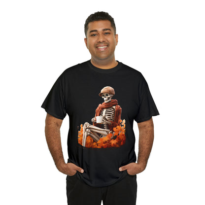 Skeleton in Fedora Sitting With Fall Leaves Halloween Short Sleeve Tee