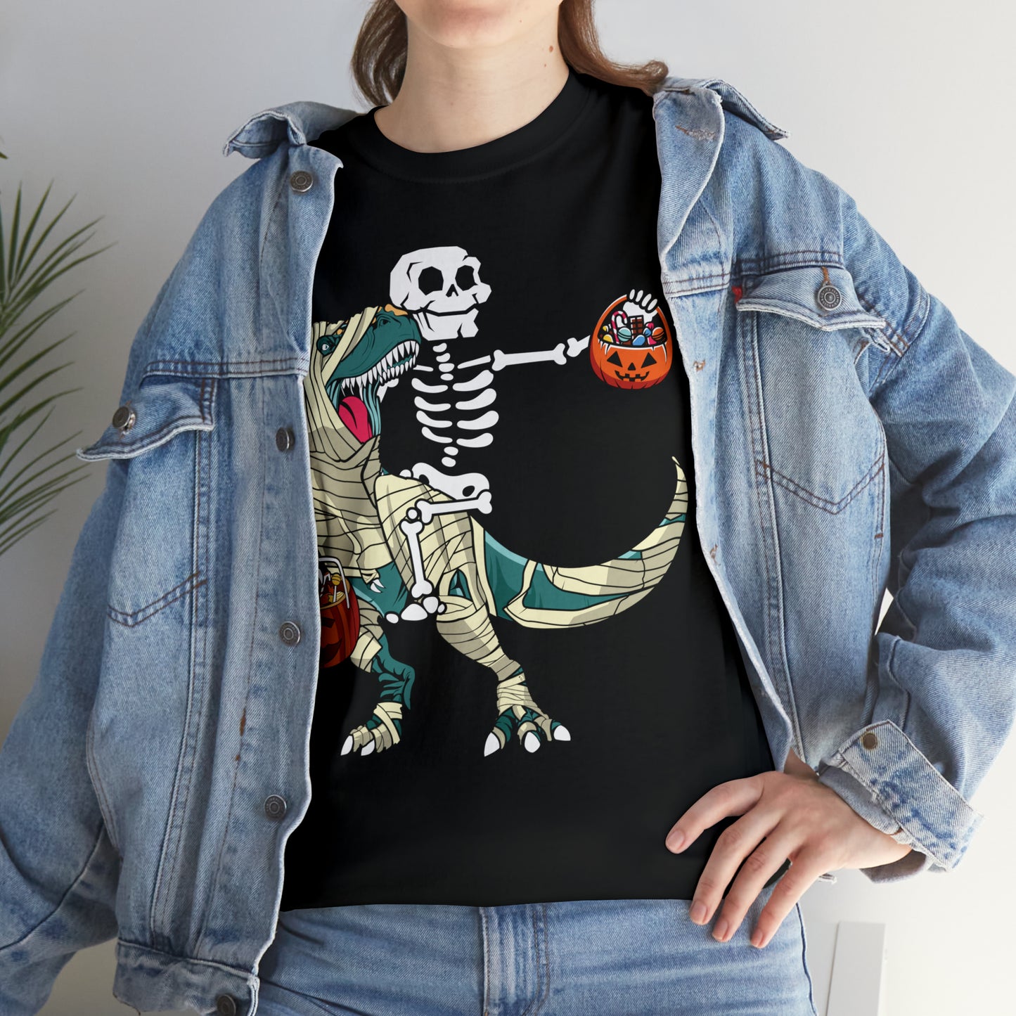 Skeleton Riding Mummy Dinosaur Halloween Short Sleeve Tee