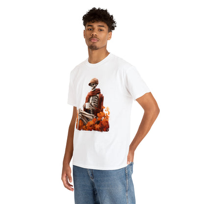 Skeleton in Fedora Sitting With Fall Leaves Halloween Short Sleeve Tee