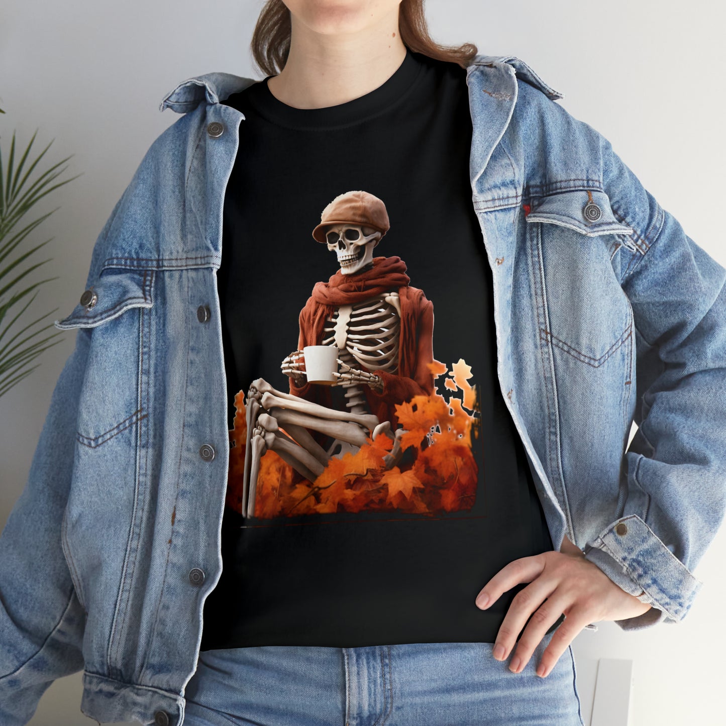 Skeleton in Fedora Sitting With Fall Leaves Halloween Short Sleeve Tee