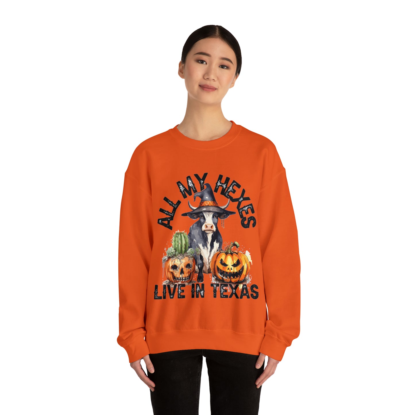 All My Hexes Live In Texas Cow With Pumpkins Halloween Sweatshirt