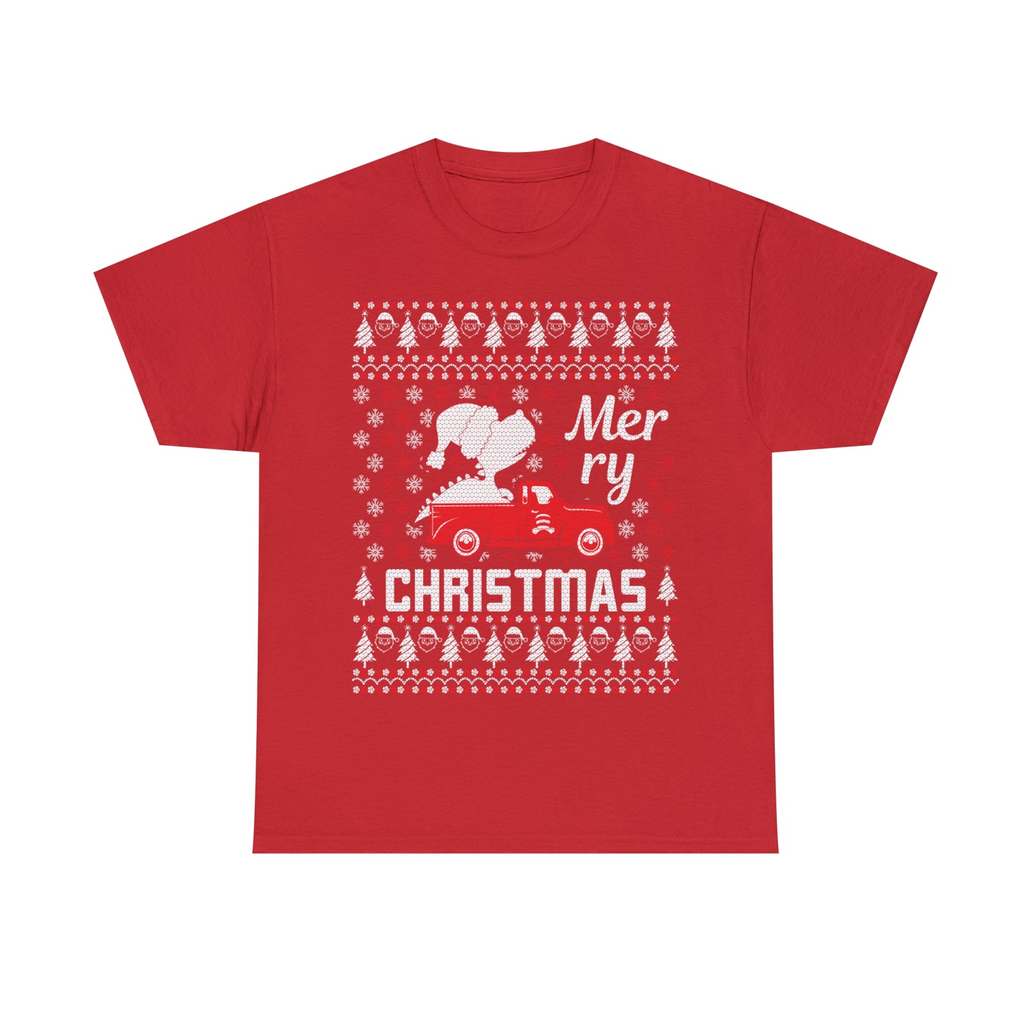 Dinosaur in Red Truck Merry Christmas Ugly Sweater Short Sleeve Tee