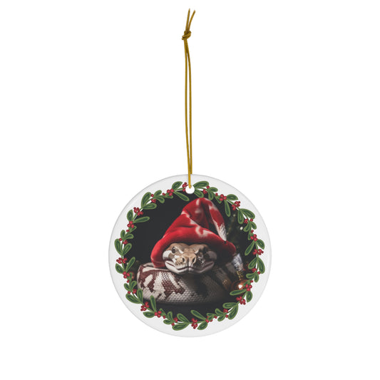 Ball Python Snake in Santa Hat Christmas Ceramic Ornament