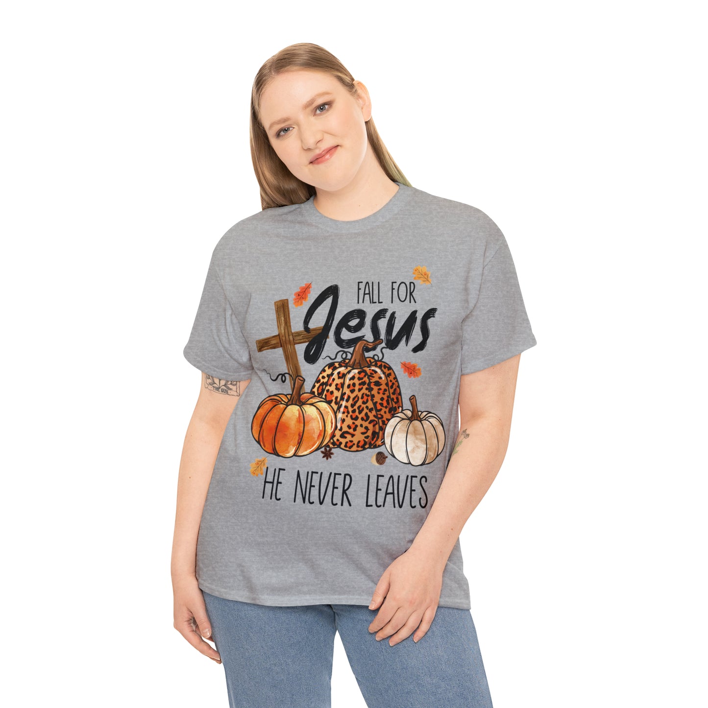 Fall For Jesus He Never Leaves Christian Halloween Short Sleeve Tee