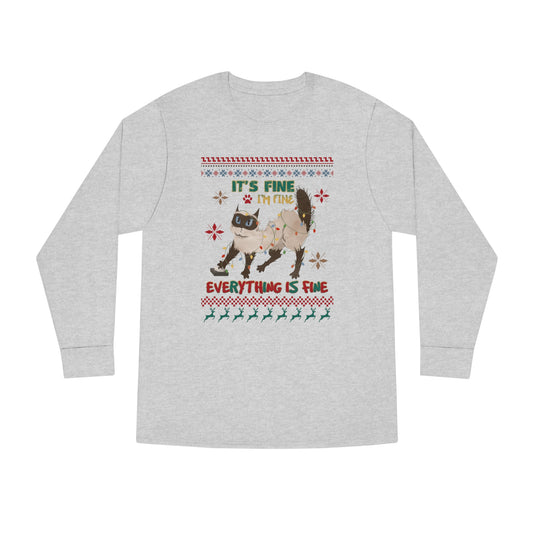 It's Fine I'm Fine Everything is Fine Cat in Lights Christmas Ugly Sweater Long Sleeve T-shirt