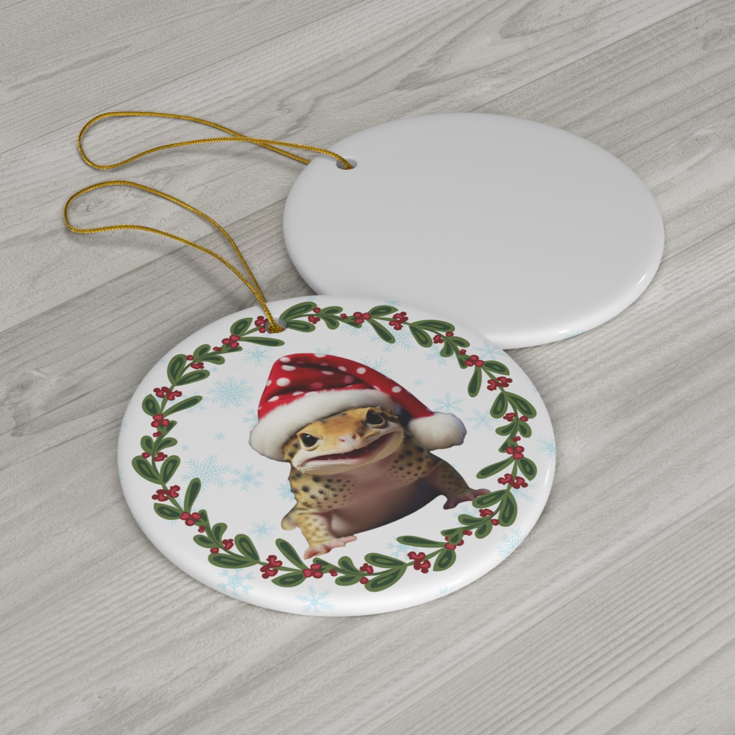 Leopard Gecko in Santa Hat Christmas Ceramic Ornament