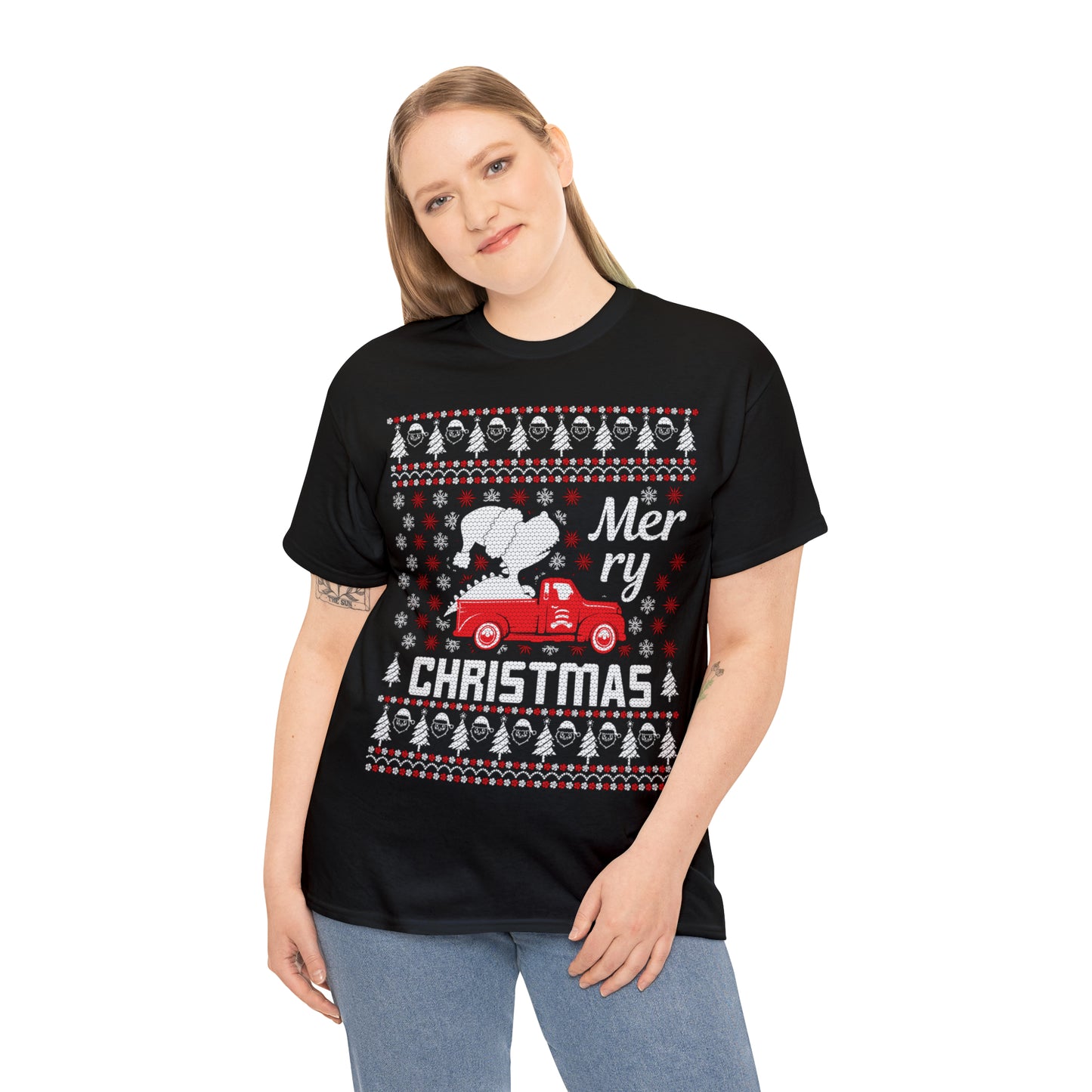 Dinosaur in Red Truck Merry Christmas Ugly Sweater Short Sleeve Tee