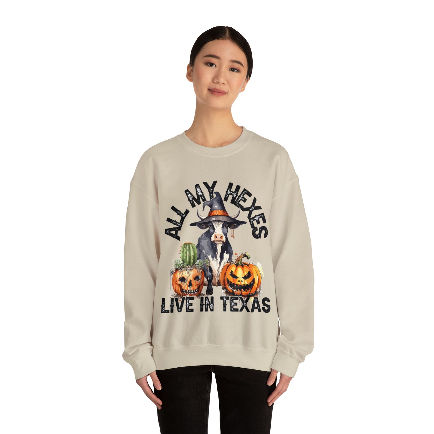 All My Hexes Live In Texas Cow With Pumpkins Halloween Sweatshirt